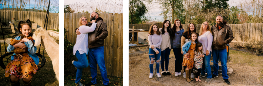 Collage featuring Joe with his wife and six children and their dog in their backyard