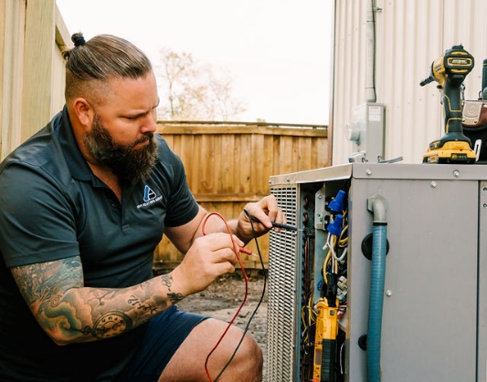 Contractor adjusting an outdoor H V A C system