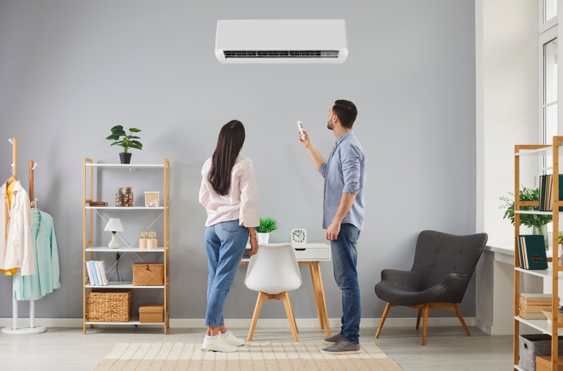 a couple using a remote control to adjust their AC system